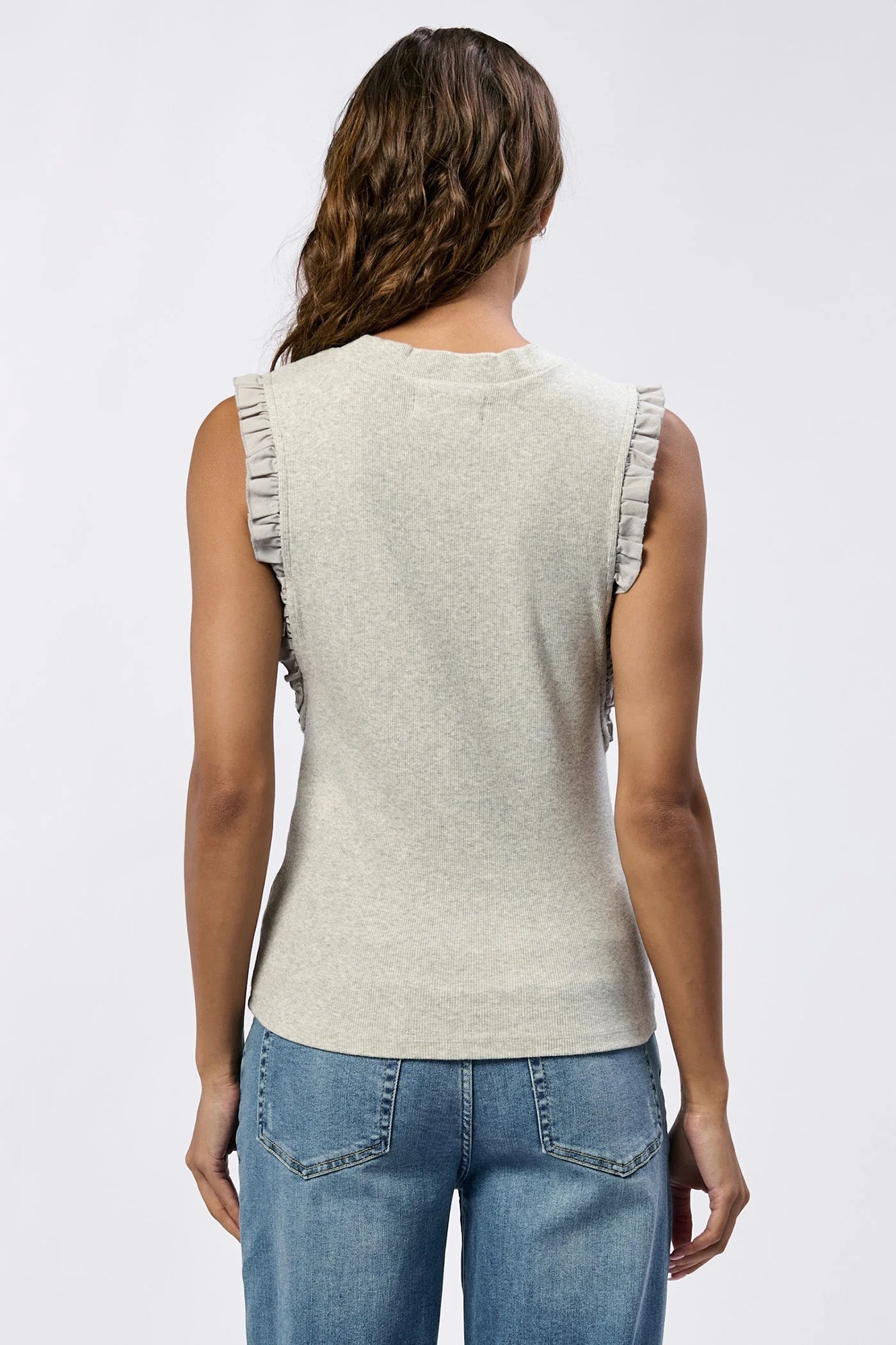 BRIDGET RUFFLE TRIMMED TOP - HEATHER GREY