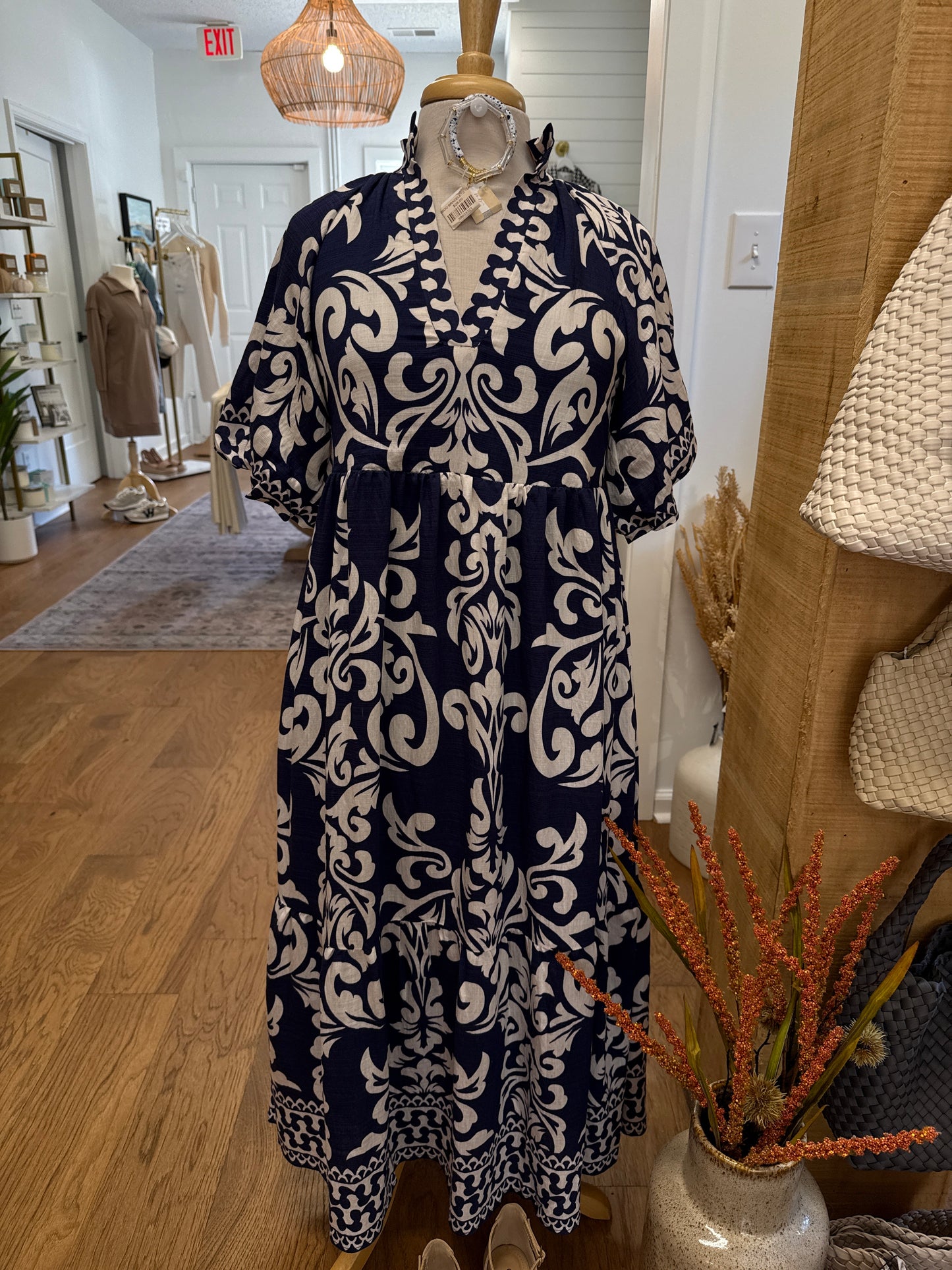 PUFF SLEEVE PRINT MIDI DRESS - NAVY