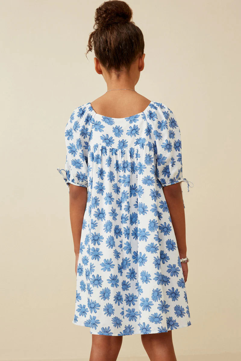 GIRLS TIE SLEEVE FLORAL SQUARE NECK DRESS - BLUE