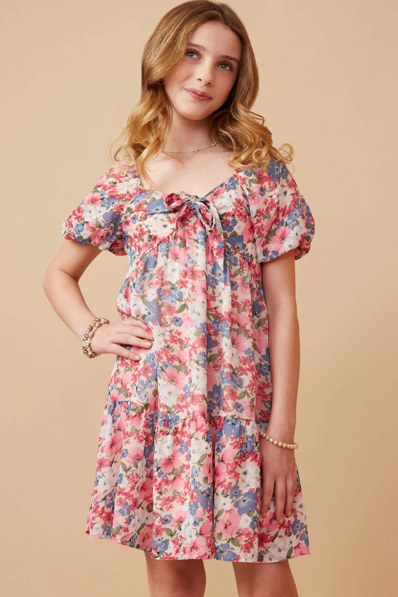 GIRLS FLORAL PUFF SLEEVE BOW FRONT DRESS - PINK