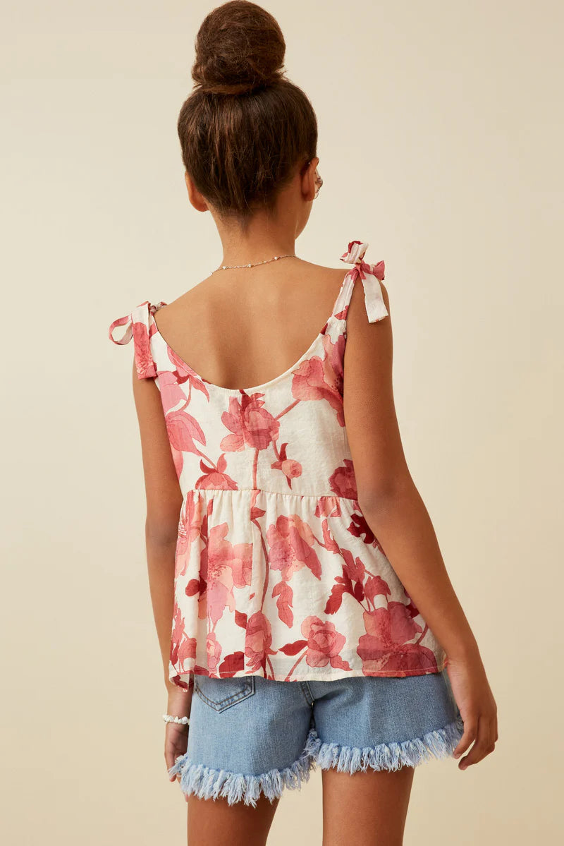 GIRLS FLORAL TIE SHOULDER TOP - RED