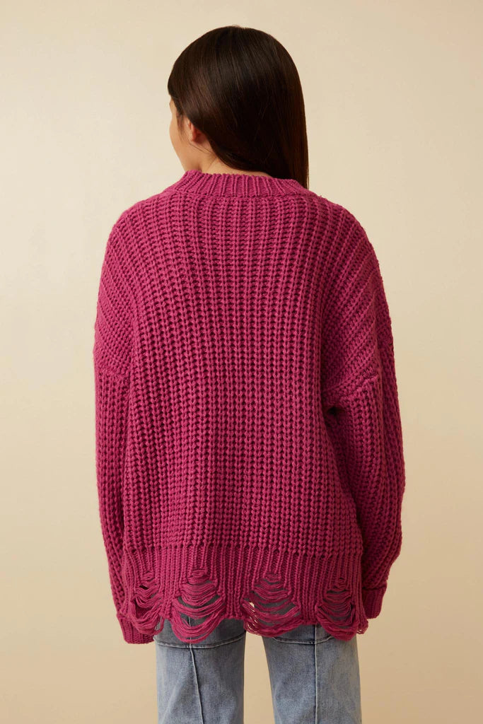 DISTRESSED HEM DETAIL SWEATER - MAGENTA