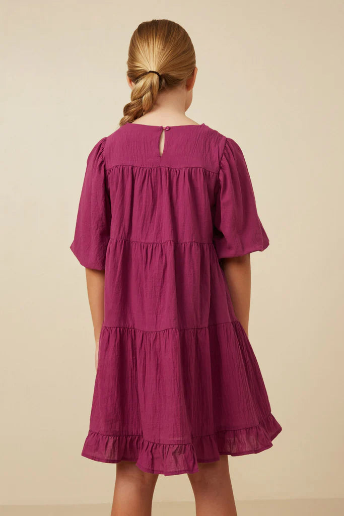 TEXTURED RUFFLE TIERED DRESS - BERRY