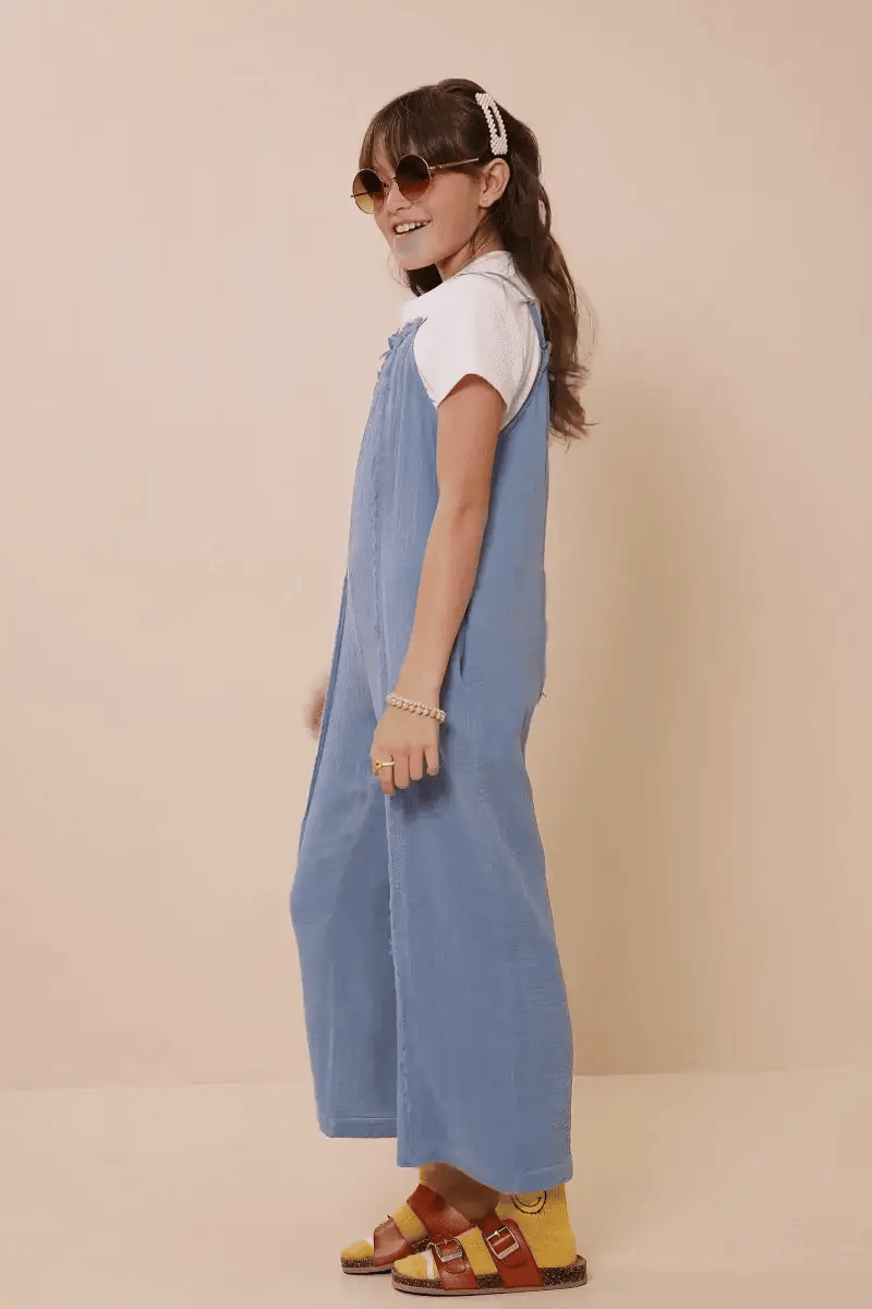GIRLS WASHED GAUZE TEXTURED FRINGED JUMPSUIT - DENIM