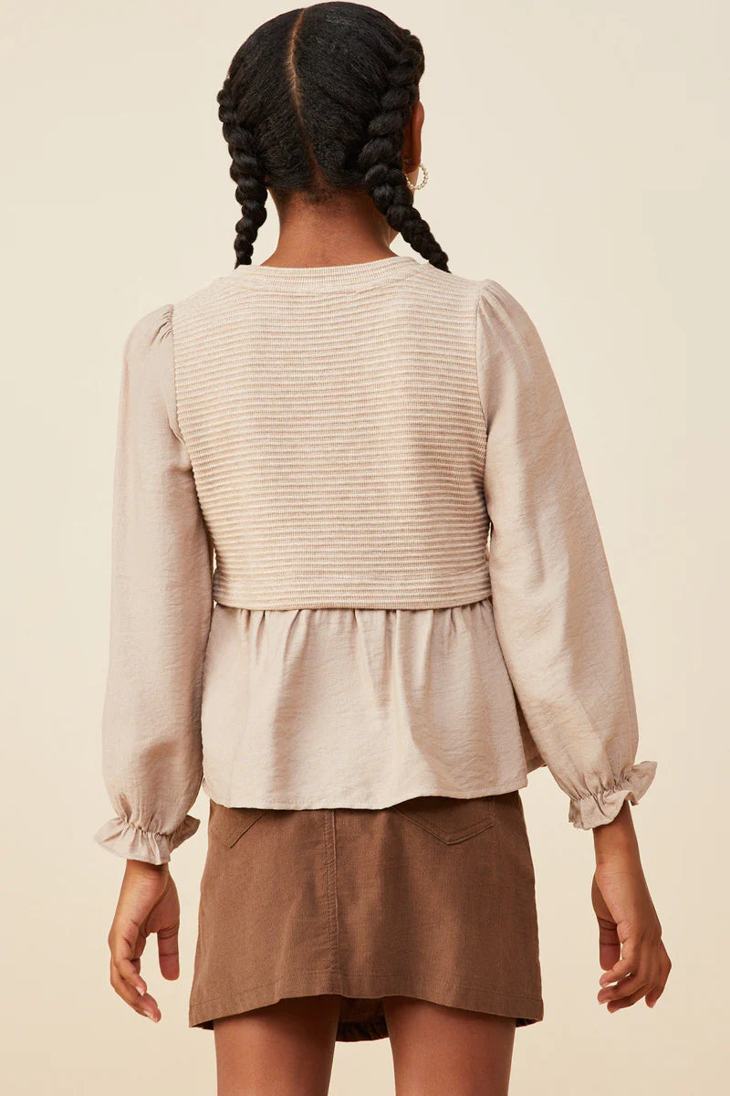 MIX MEDIA RIBBED KNIT TWOFER TOP - TAUPE