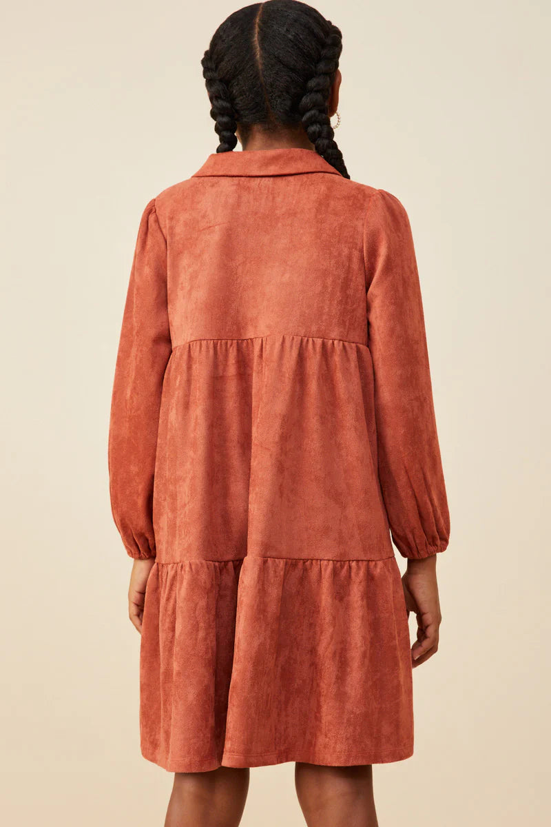 OPEN COLLAR VEGAN SUEDE SWING DRESS - RUST