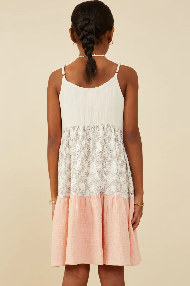 GIRLS COLOR BLOCK FLORAL DRESS - CREAM