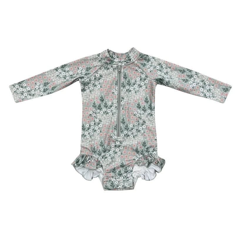 GIRL'S ONE-PIECE RASH GUARD SWIMSUIT - AQUA GREY FLORAL