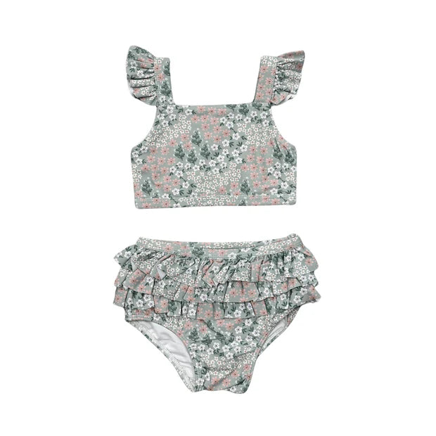 GIRL'S TWO-PIECE SWIMSUIT - AQUA GREY FLORAL