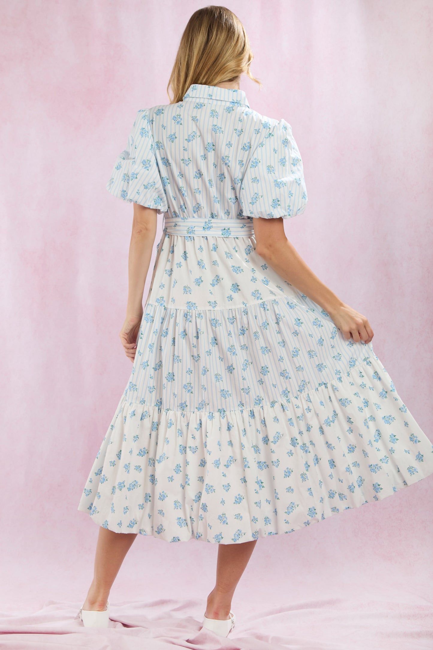 MIXED STRIPE/FLORAL BUBBLE HEM MIDI DRESS - BLUE