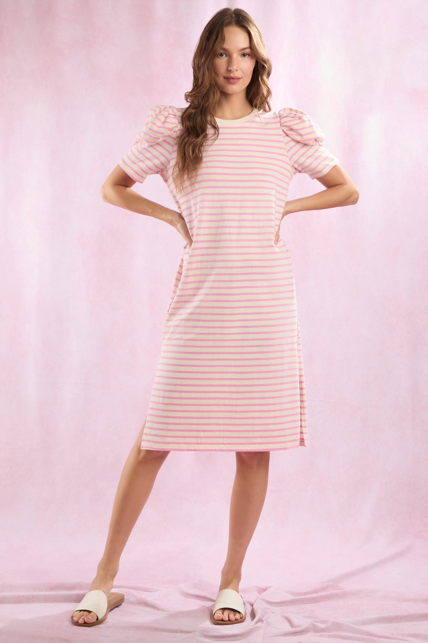 COTTON JERSEY STRIPE PUFF SLEEVE TEE DRESS - PINK