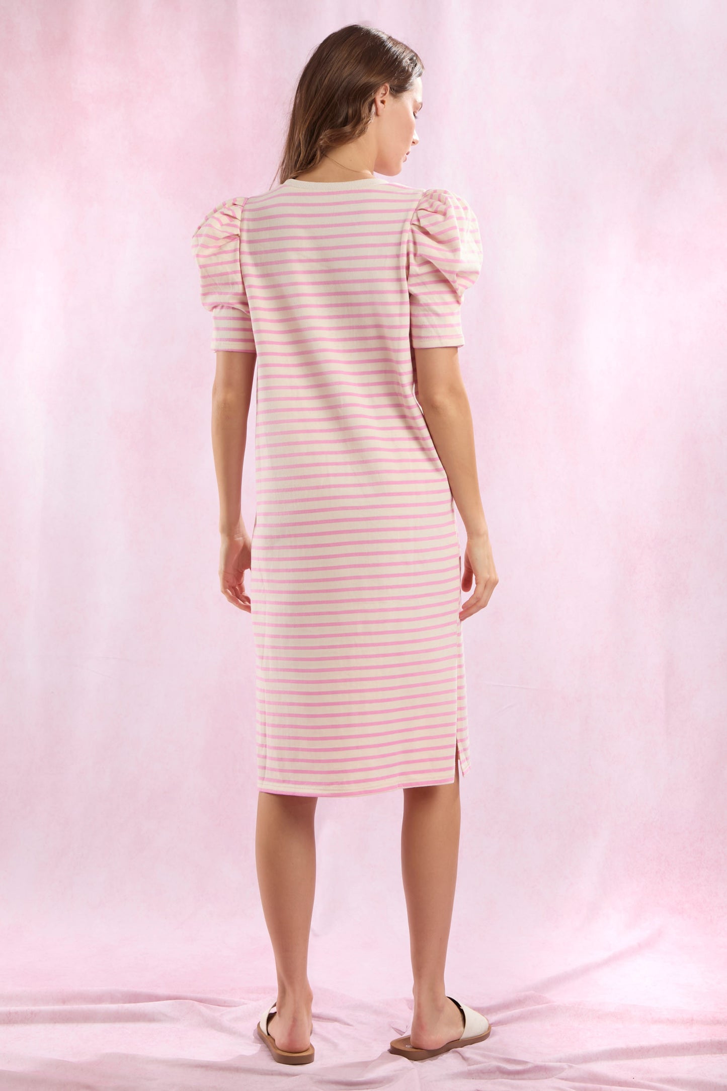 COTTON JERSEY STRIPE PUFF SLEEVE TEE DRESS - PINK