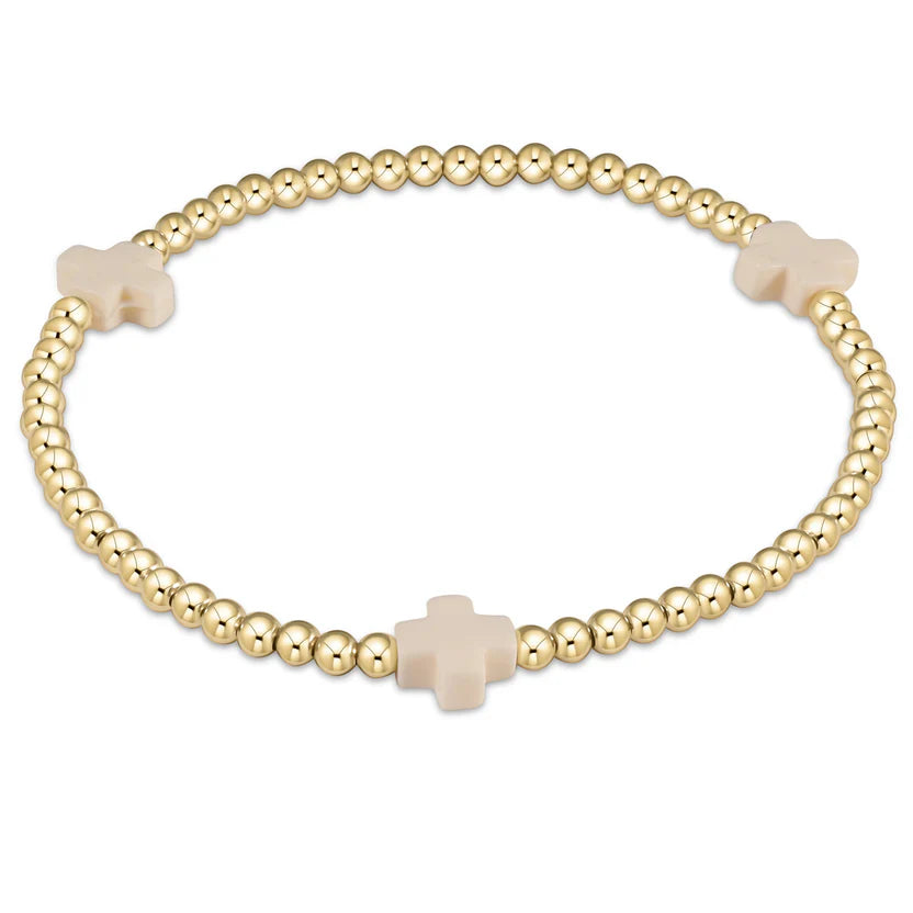 SIGNATURE CROSS GOLD PATTERN 3MM BEAD BRACELET - OFF WHITE
