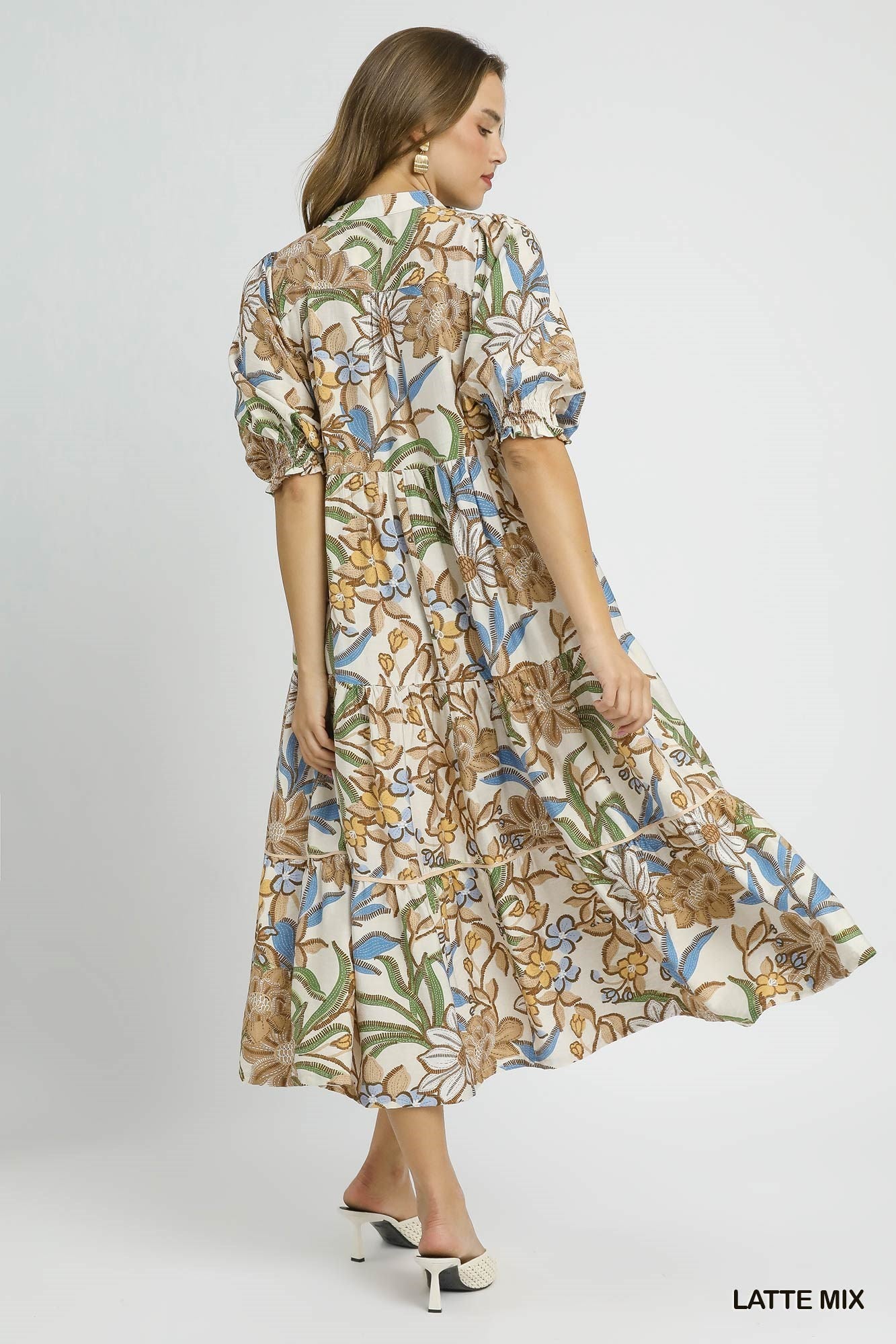FLORAL TIERED MIDI DRESS - LATTE