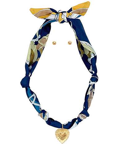 SCARF & HEART CHARM NECKLACE SET NAVY/GOLD