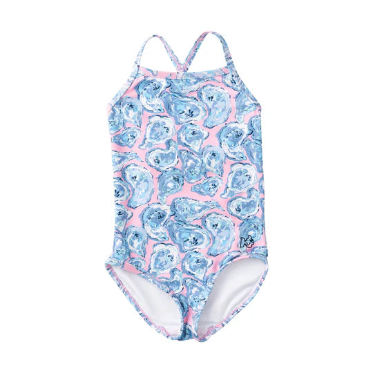 GIRLS SPRING TIDES BOW BACK ONE PIECE SWIMSUIT - PINK FROSTING OYSTER PRINT