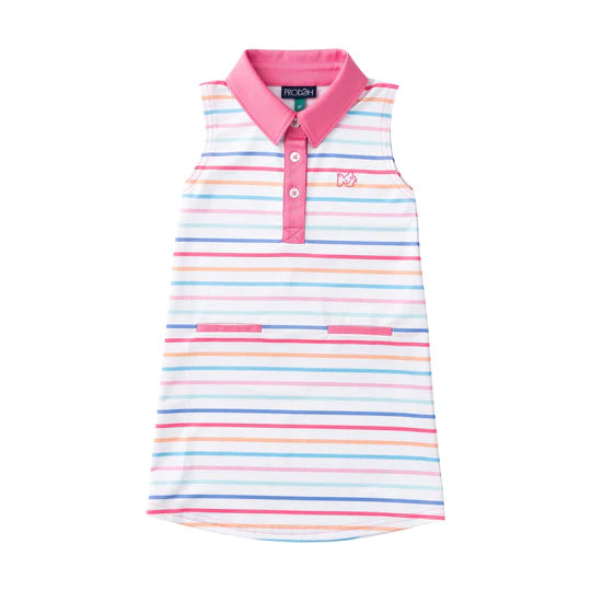 GIRLS SLEEVELESS PRO PERFORMANCE POLO DRESS SUNSET STRIPE - SUN-KISSED