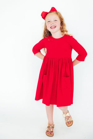 RED 3/4 SLEEVE POCKET TWIRL DRESS