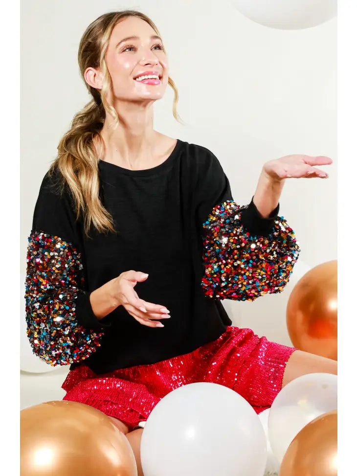 SEQUIN BALLOON SLEEVE SOFT KNIT TOP - BLACK MULTI