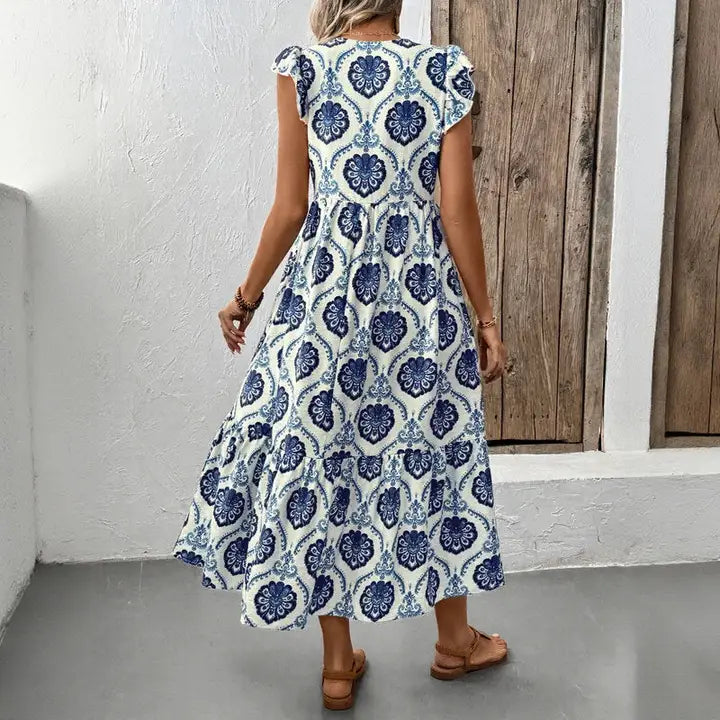 LOOSE - FIT DEEP V-NECK FLORAL PRINT MAXI DRESS - BLUEu