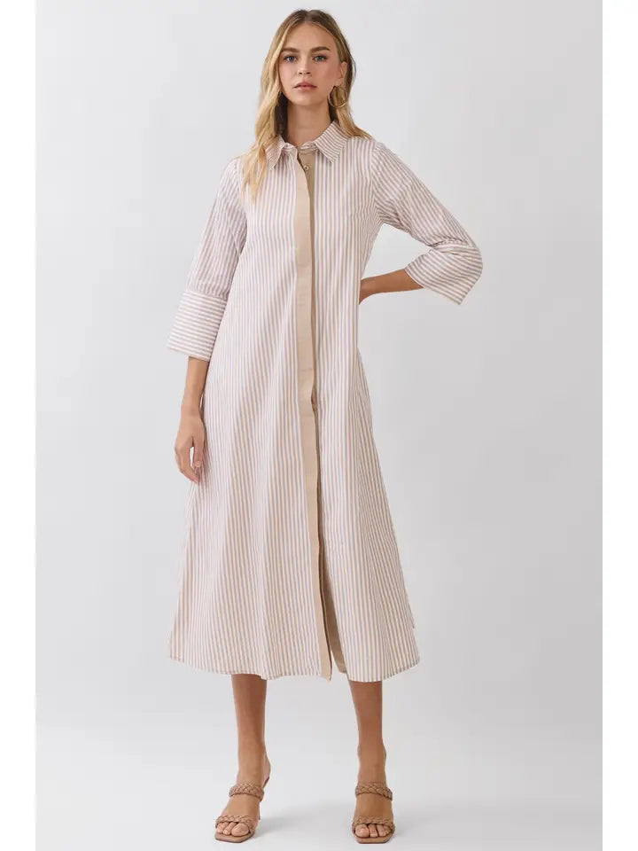 COLLARED MAXI SHIRT DRESS - BEIGE
