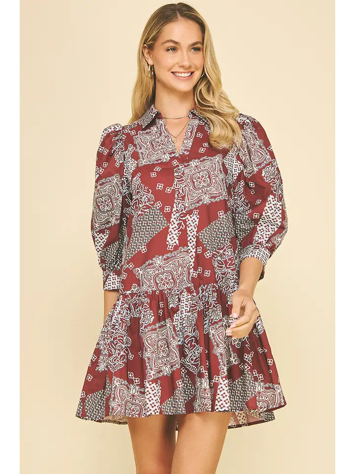 PRINT TIERED MINI DRESS - BURGUNDY