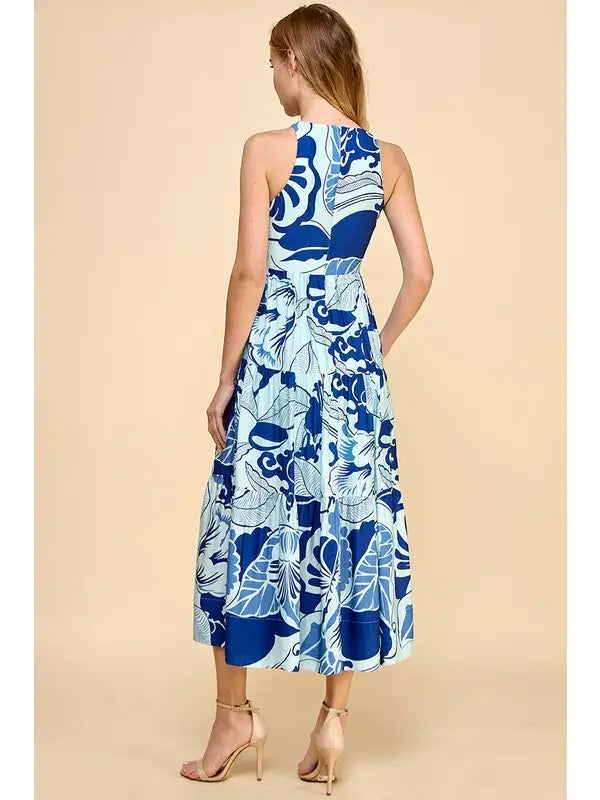 PRINTED TIERED MIDI DRESS - BLUE