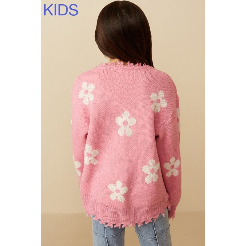 DISTRESSED FLORAL PATTERNED PULLOVER - PINK