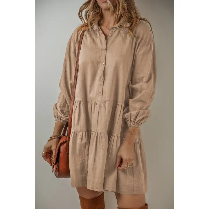 BUTTONED TIERED PLEATED MINI SHIRT DRESS - TAN