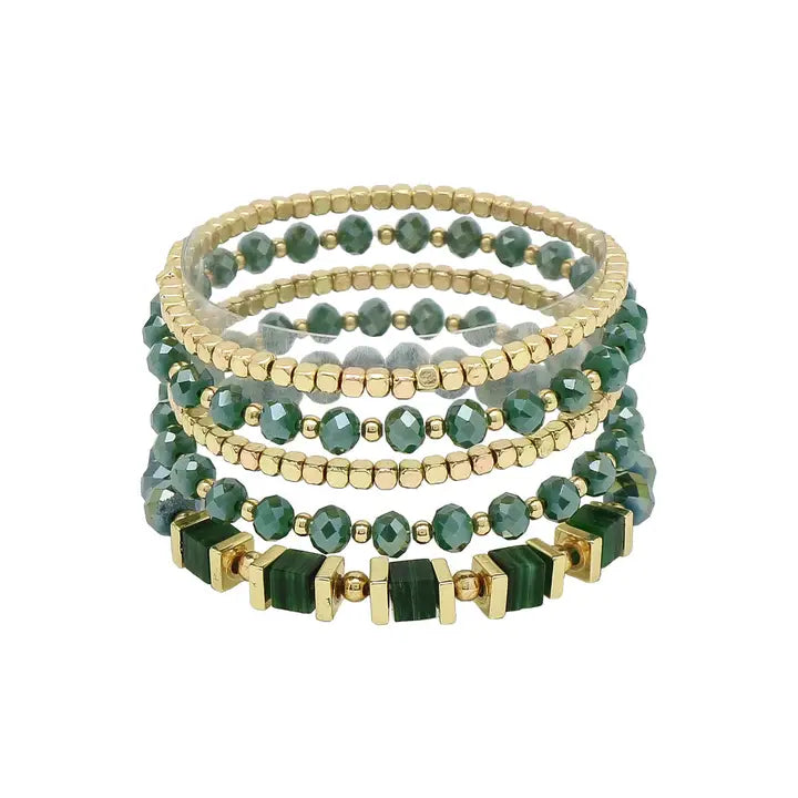 SET OF 5 STRETCH BRACELETS - EMERALD GREEN AND GOLD