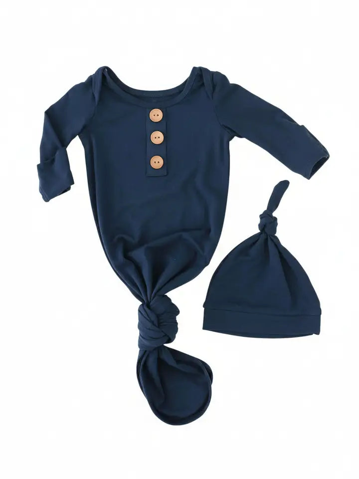 SOLID DARK NAVY BAMBOO BABY KNOT GOWN & HAT