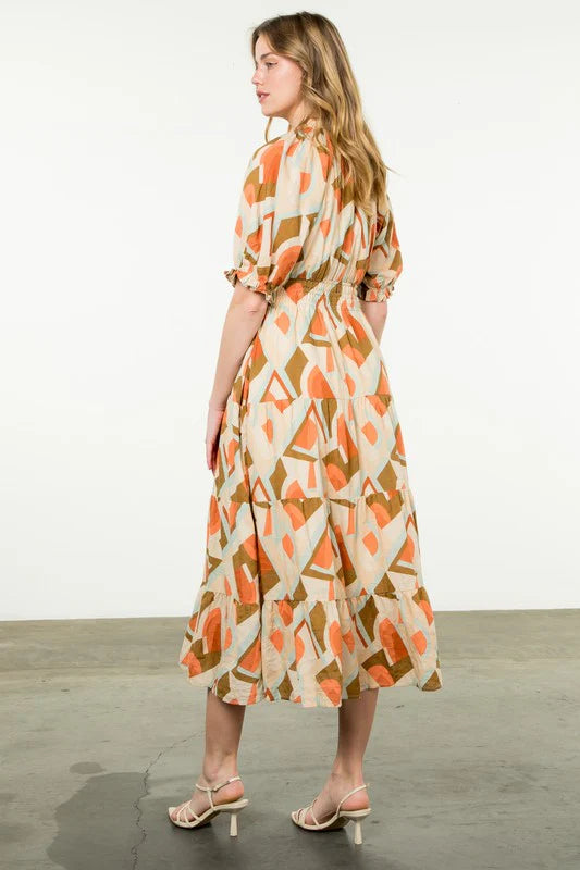 SMOCKED WAIST PRINT MAXI DRESS - ORANGE