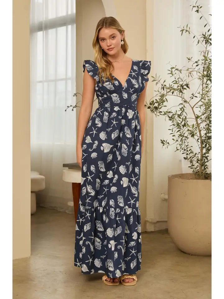 SEASHELL PRINT RUFFLE SLEEVE MAXI DRESS - NAVY/WHITE