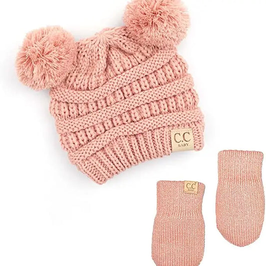 INFANT DOUBLE POM BEANIE AND MITTEN SET - INDI PINK