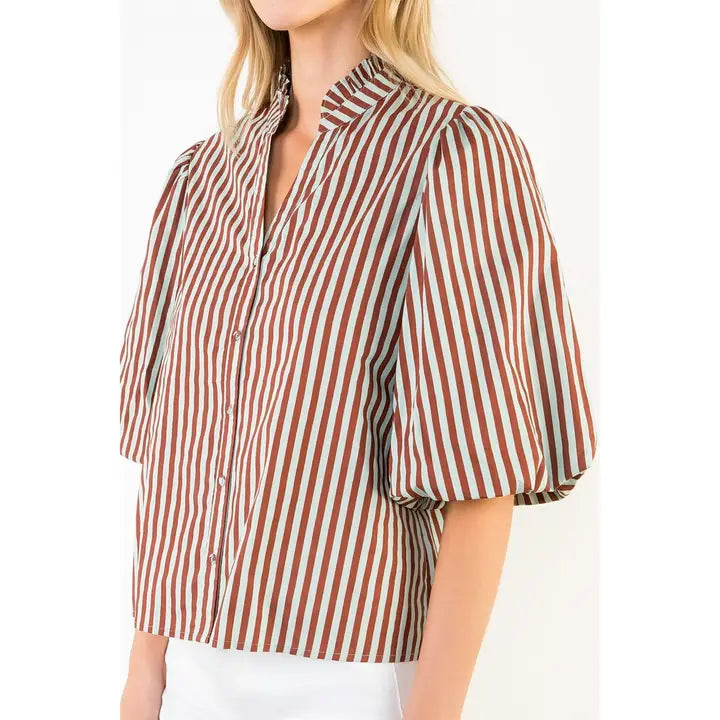 STRIPE BUTTON DOWN TOP - BROWN
