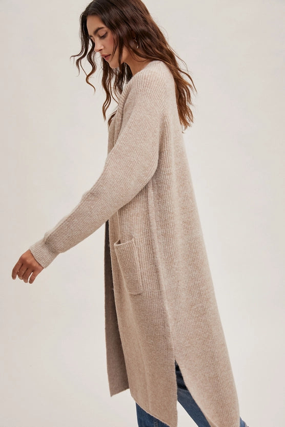LONGLINE SIDE SLIT CARDIGAN - OATMEAL