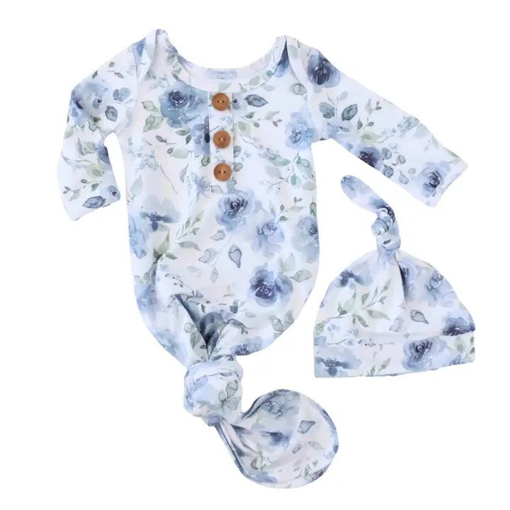 NEWBORN BABY KNOT GOWN & HAT SET BAILEY'S BLUE FLORAL
