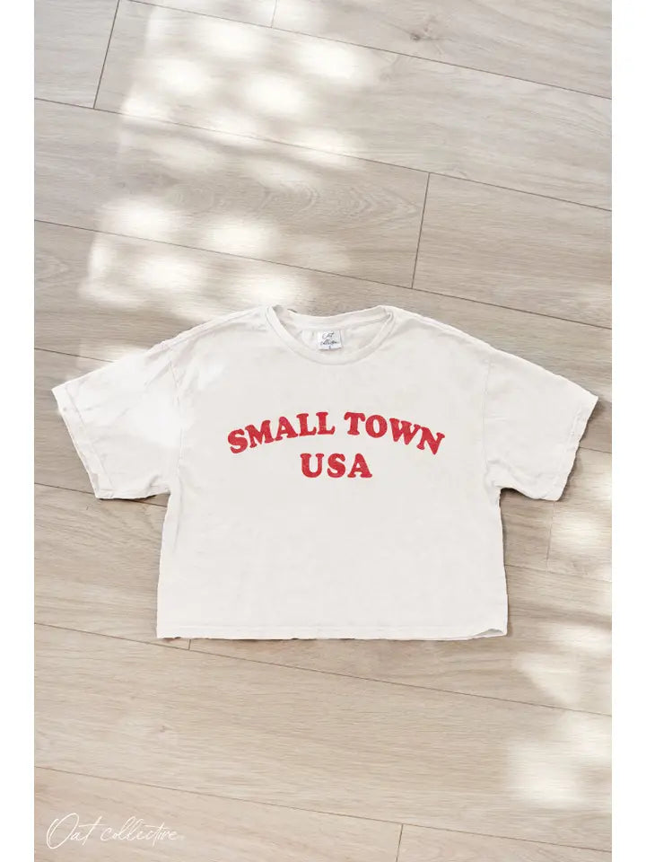 SMALL TOWN USA CROPPED MINERAL GRAPHIC TOP - CREAM