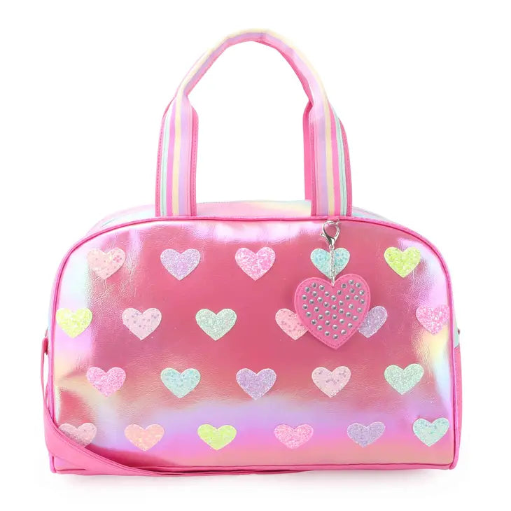 METALLIC HEART PRINTED PINK LARGE DUFFLE BAG