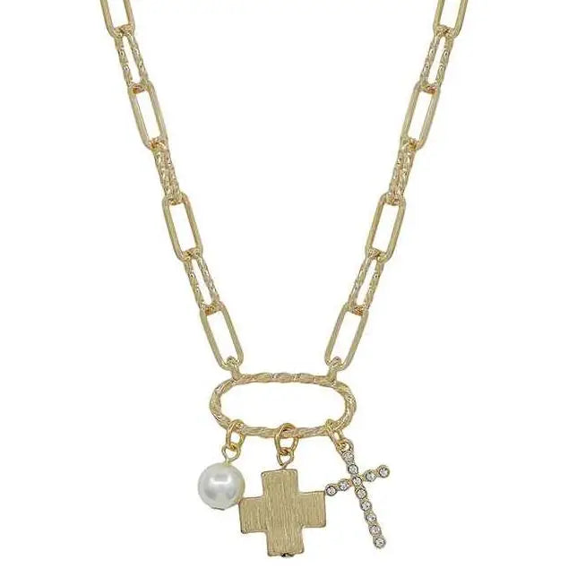 GOLD RHINESTONE CROSS AND PEARL CHARM NECKLACE 16"-18"