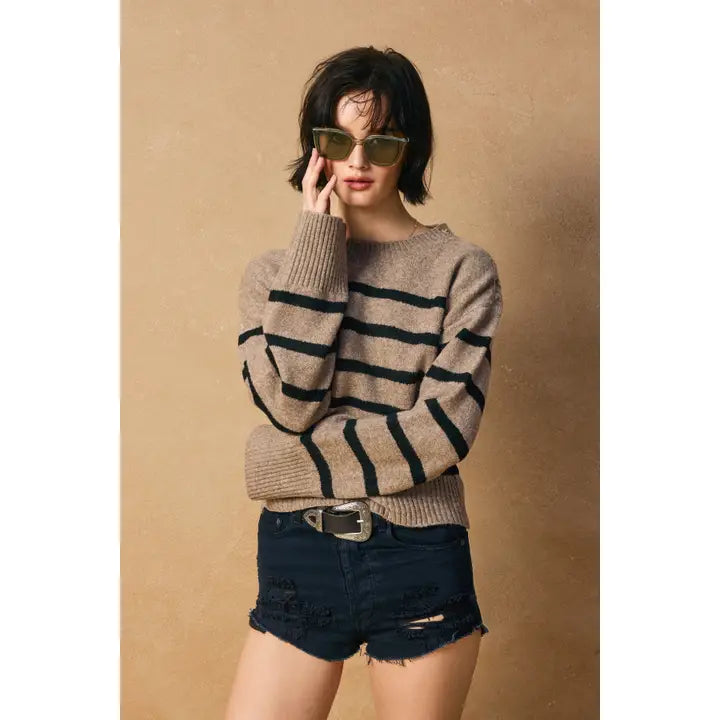 STRIPED BUTTON DETAIL SWEATER - DARK TAUPE/BLACK