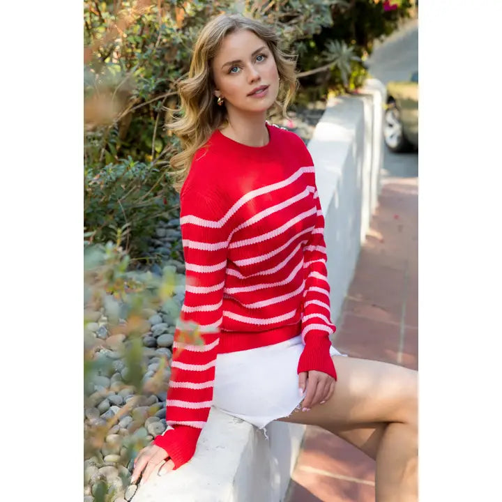 STRIPED KNIT SWEATER - RED