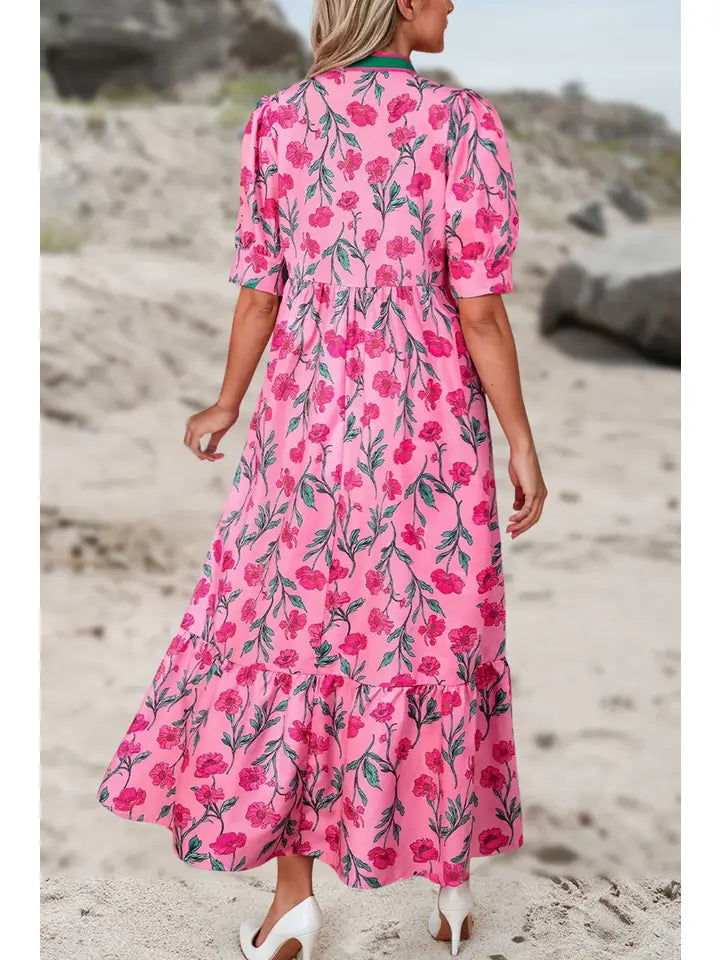 FLORAL PRINT V NECK SHIFT SIDE POCKETS LONG DRESS
