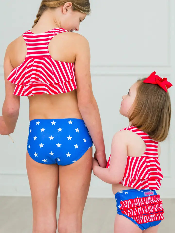 GIRLS SHIMMER STARS & STRIPES FLOUNCE BIKINI WITH REAR RUFFLES