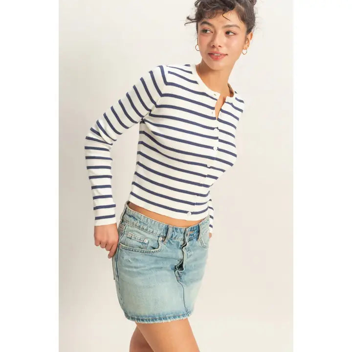 STRIPED BUTTON-UP CARDIGAN - NAVY