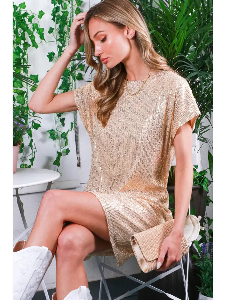 SHORT SLEEVE SEQUIN MINI DRESS- GOLD