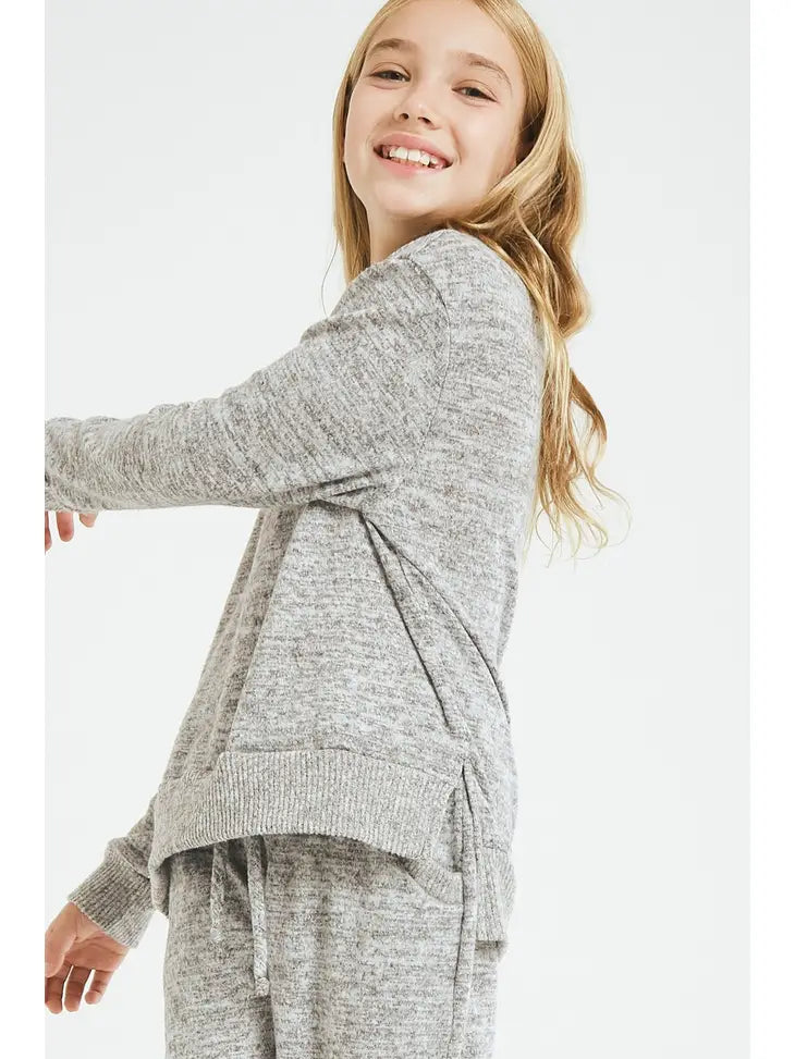 SIDE SLIT 2TONE BRUSH KNIT SWEATER - HEATHER GREY