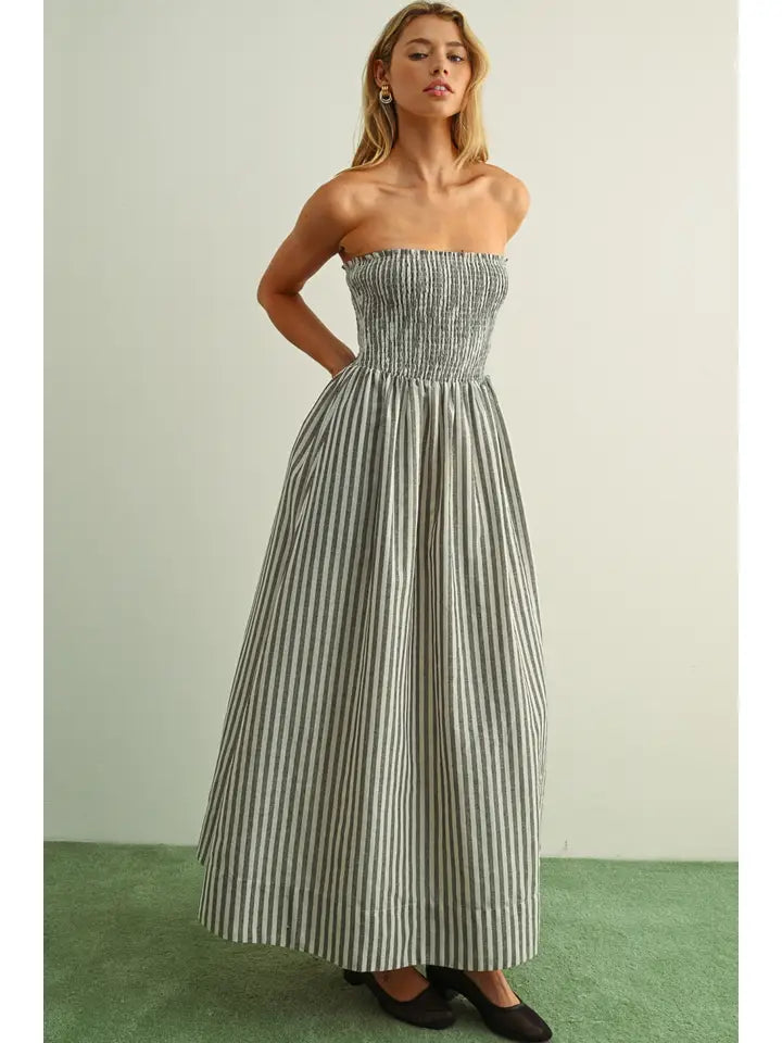 STRIPED FABRIC WITH SMOCKING TOP MAXI DRESS - BLACK