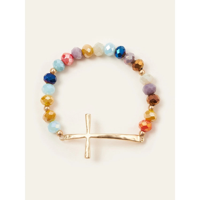 HAMMERED CROSS CRYSTAL MIX BEAD BRACELET - MULTI