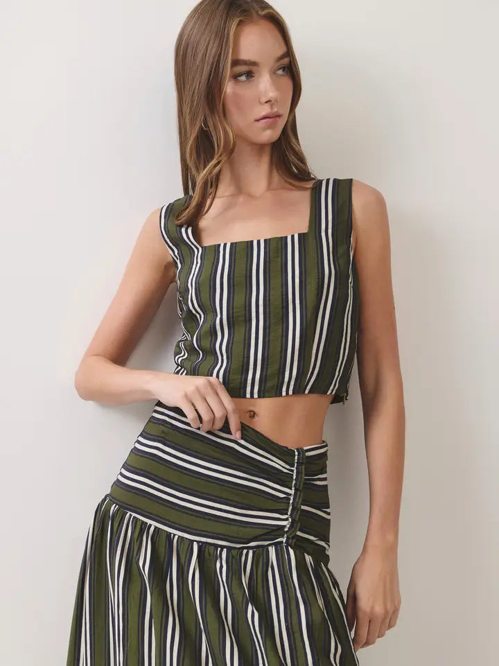 STRIPED SQUARE NECK CROP TOP - OLIVE
